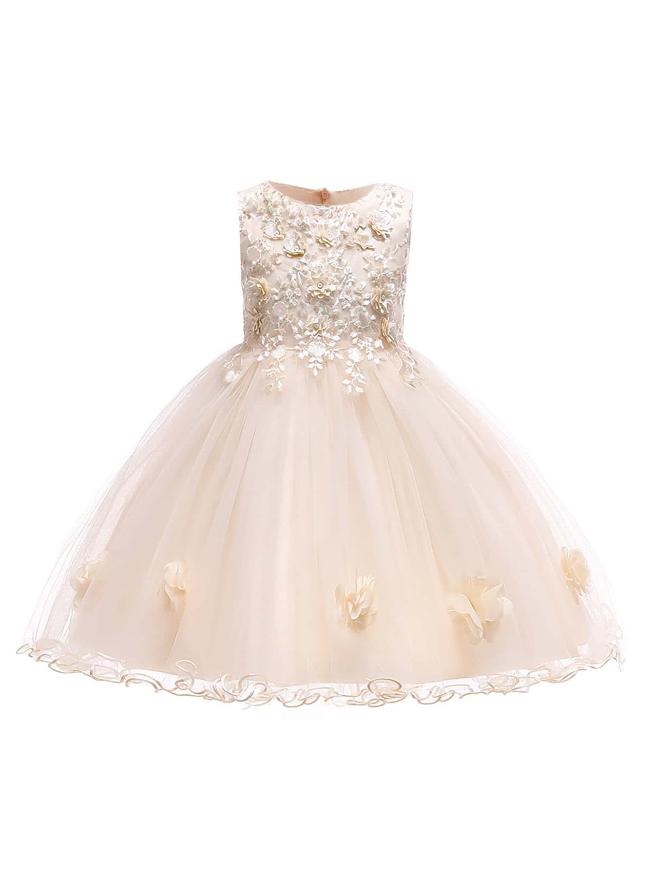 Tween Girl Princess Dress With Solid Color Mesh & Satin Fabric & 3d Flower Decoration Suitable For Birthday Party, School Performance