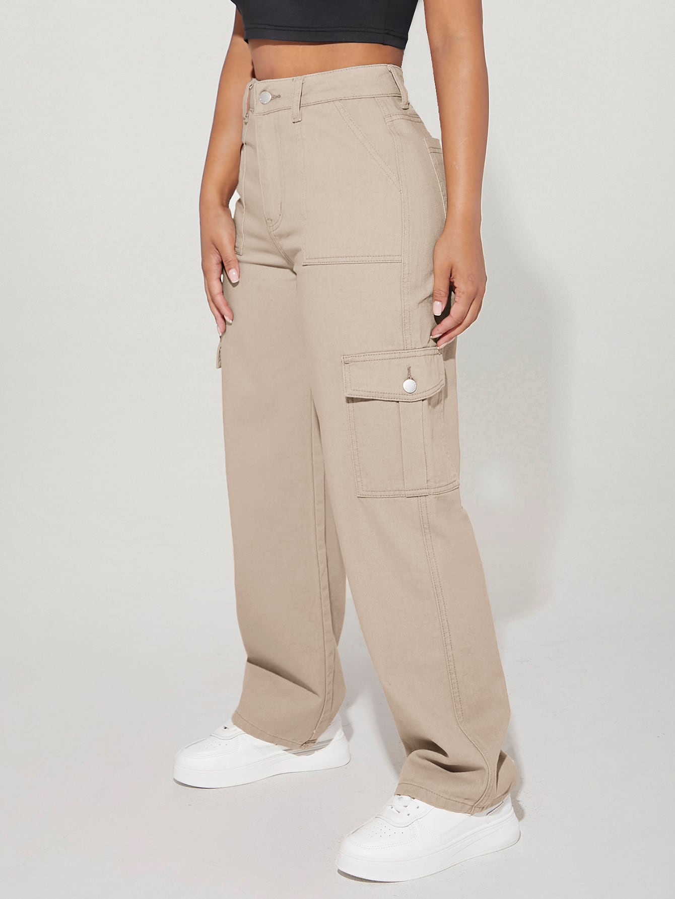 High Waist Flap Pocket Side Cargo Jeans