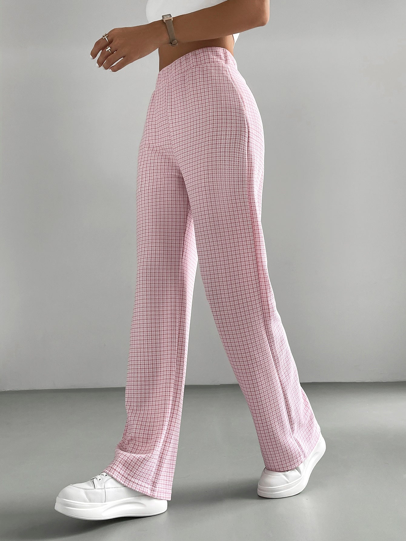 Summer Pink Plaid High Waist Pants