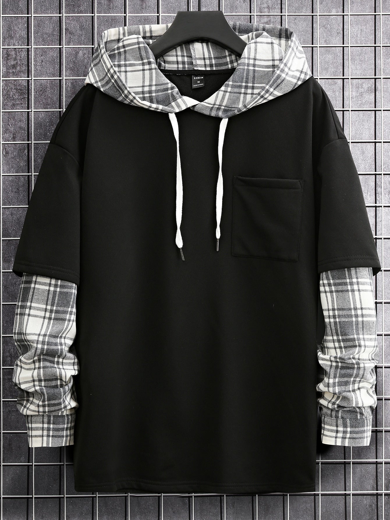 Loose-Fit Men's Plaid Pattern Drop-Shoulder Hoodie With Drawstring And Front Pocket Design