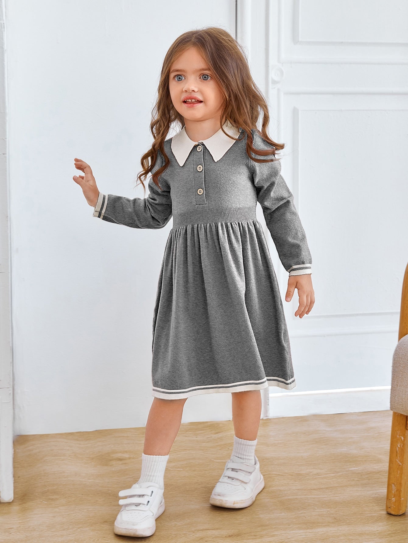 Young Girl Long Sleeve Doll Collar Knit Sweater Dress