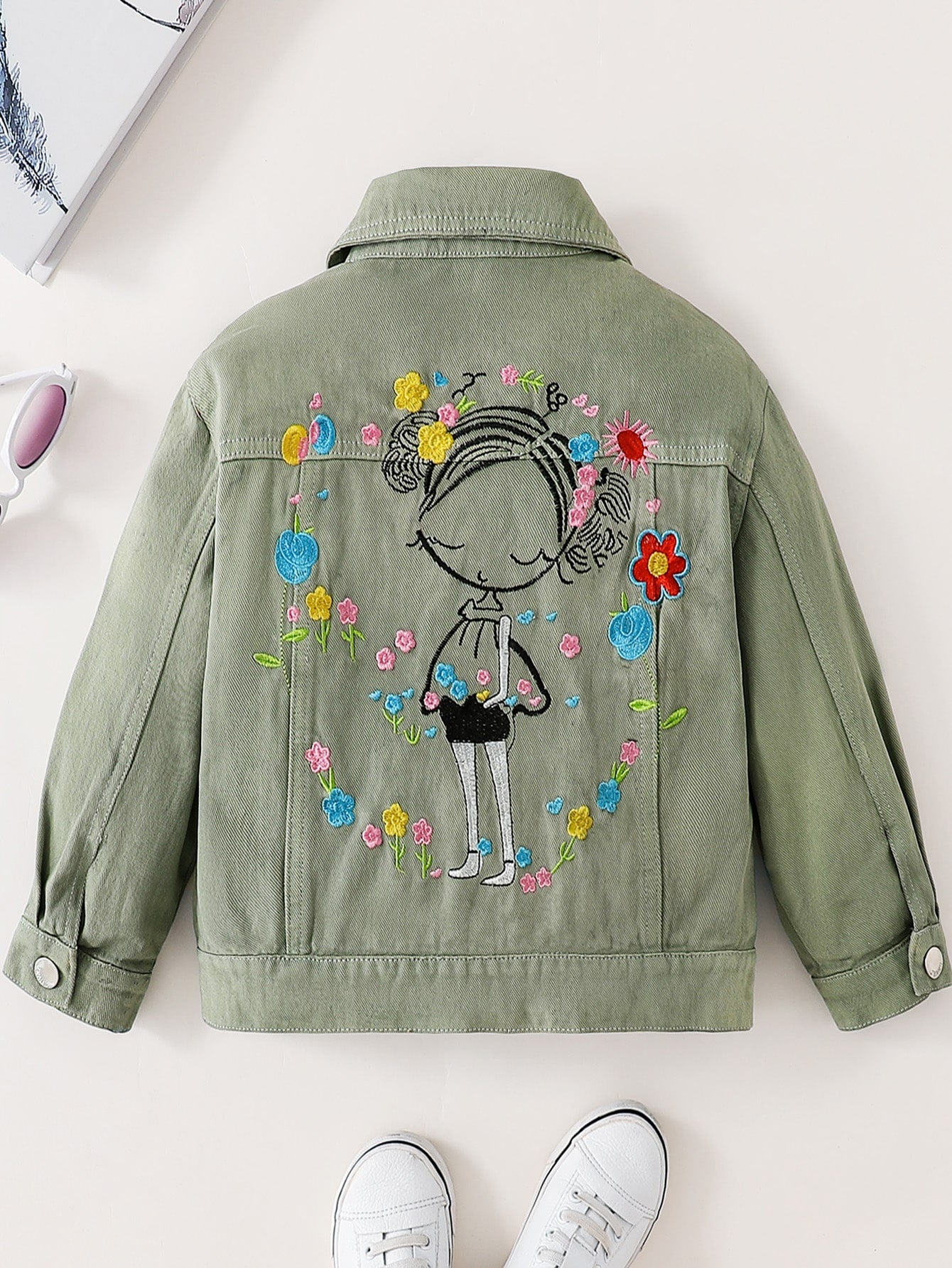 Young Girl Cartoon And Floral Embroidery Denim Jacket