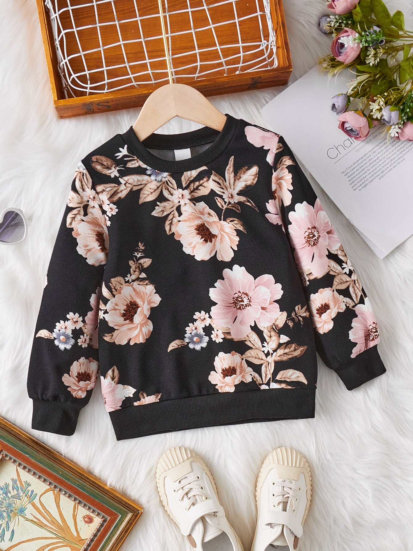 Young Girl Floral Print Sweatshirt