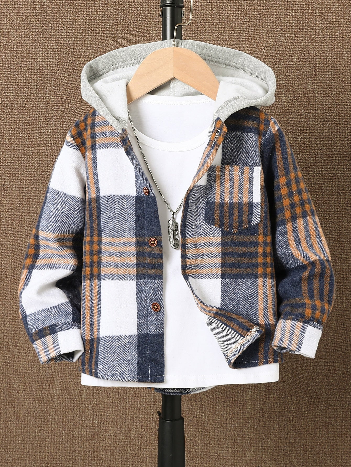 Young Boy Plaid Print Hooded Shirt Without Tee