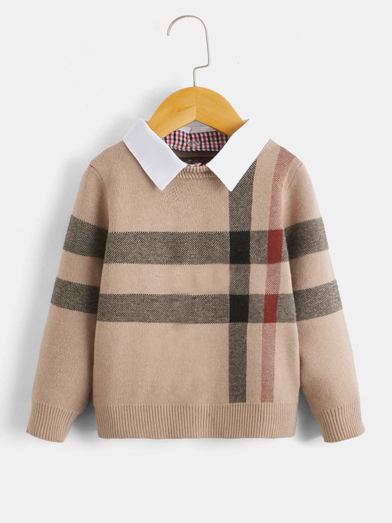 Young Boy Plaid Pattern Contrast Collar Sweater