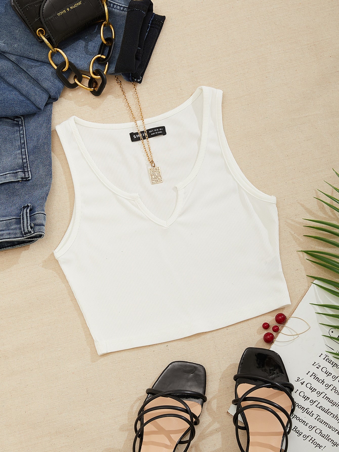 Notched Neck Ribbed Knit Tank Top