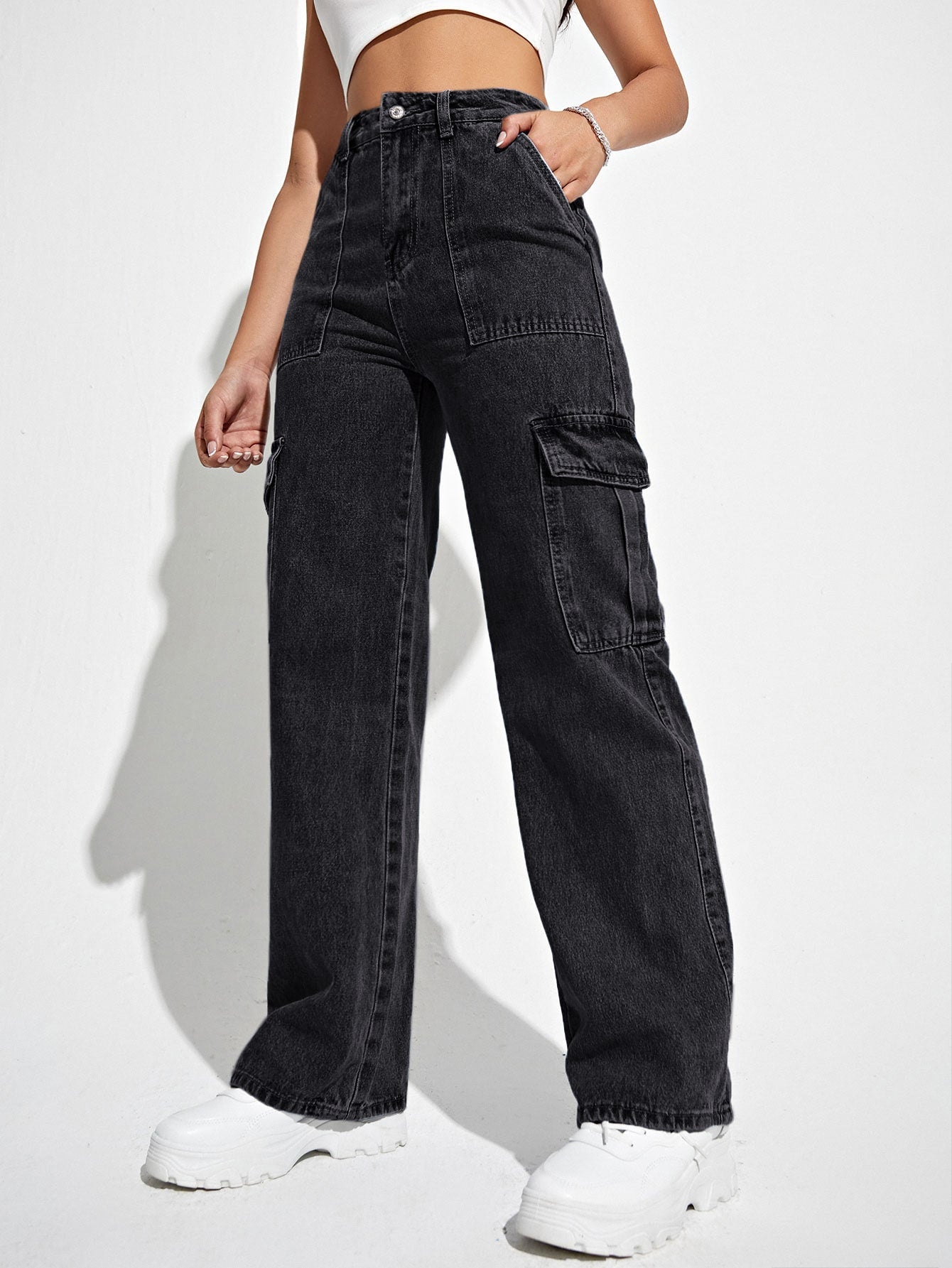 High Waisted Flap Pocket Cargo Jeans