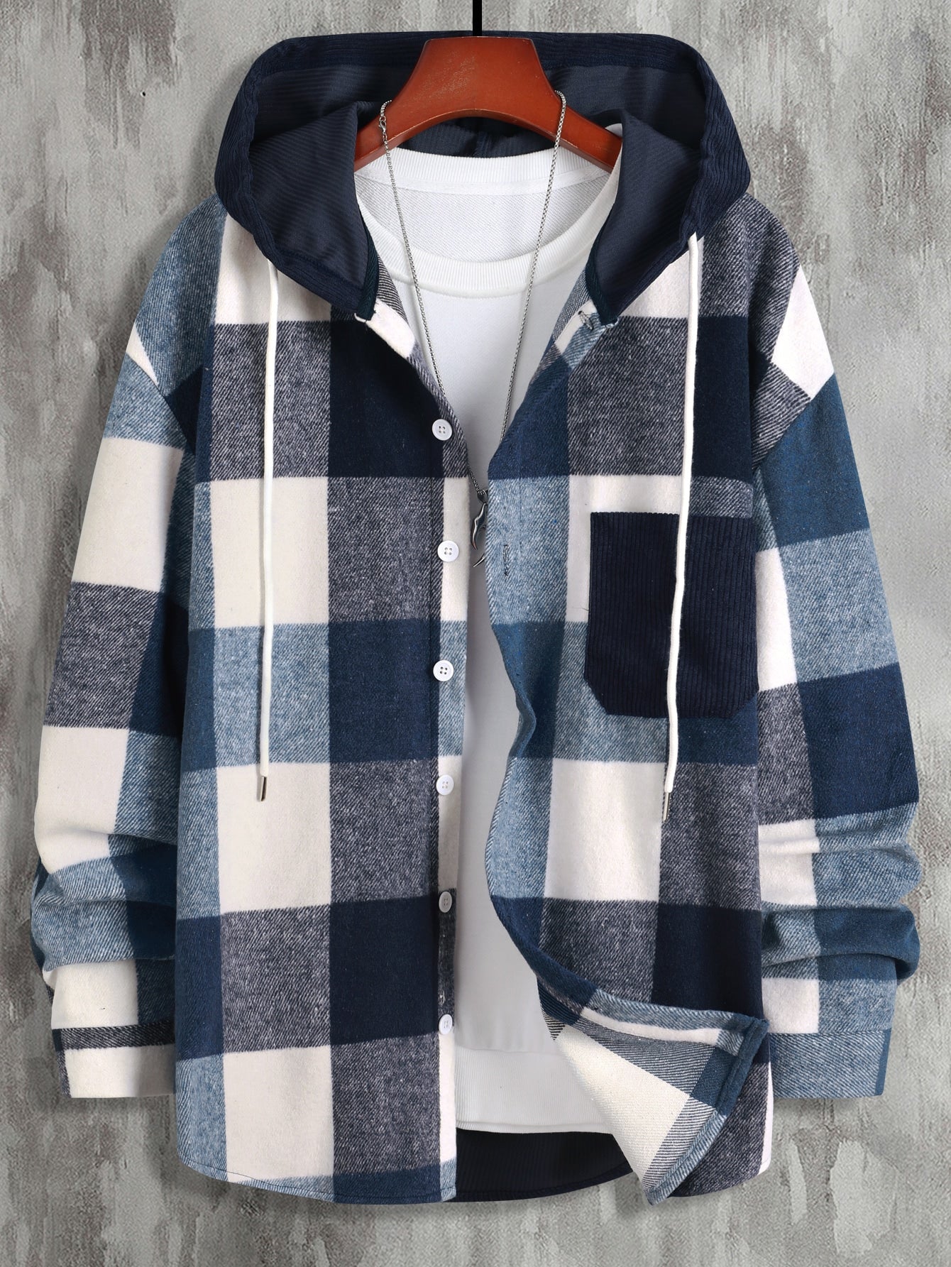 1pc Loose Fit Men's Plaid Print Hooded Overcoat With Drawstring