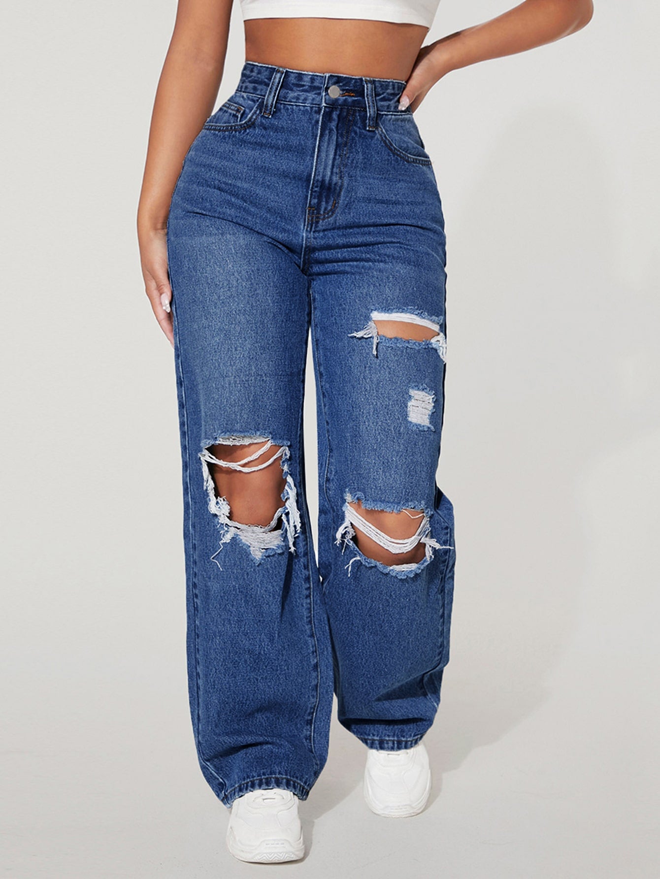 High Waist Ripped Straight Leg Jeans