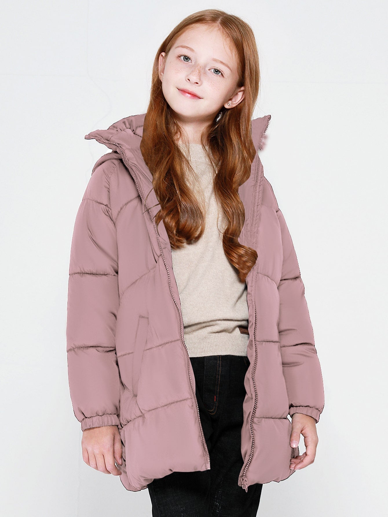 Solid Color Hooded Jacket With Long Sleeves For Tween Girls