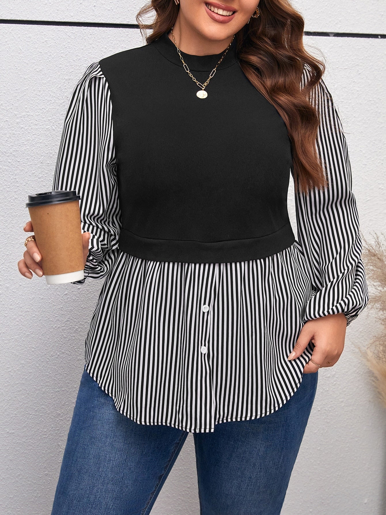 Plus Striped Print Lantern Sleeve 2 In 1 Top