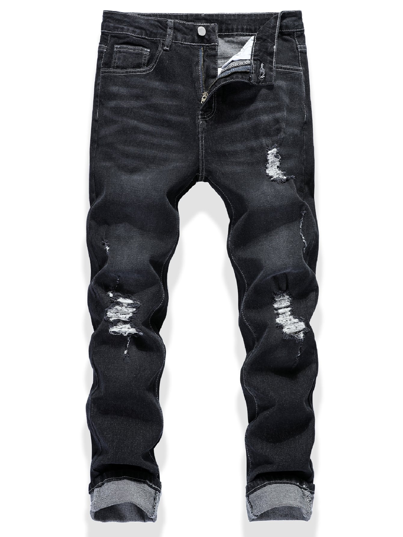 Men Cotton Bleach Wash Ripped Frayed Jeans