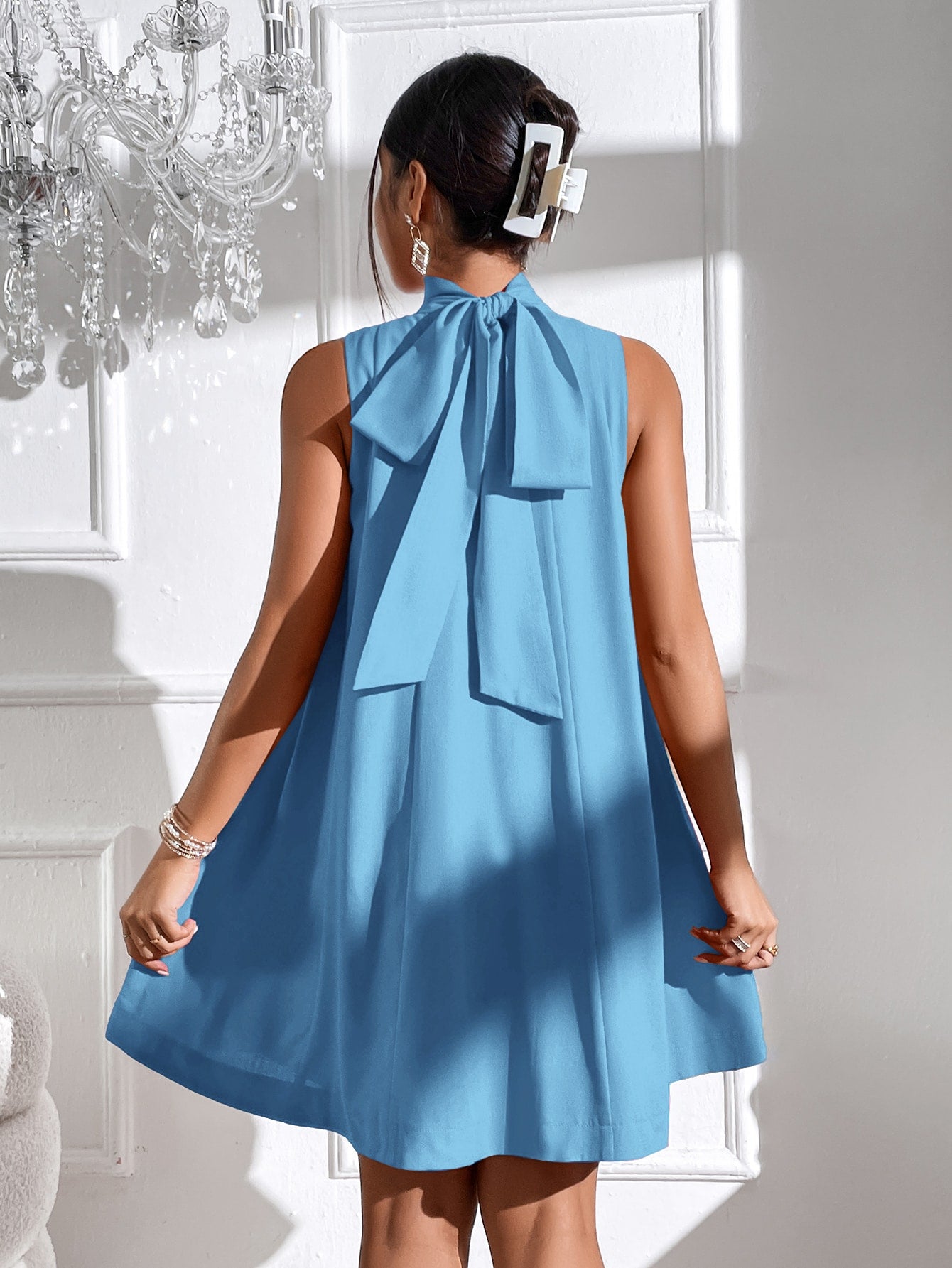 Women's Solid Color Stand Collar Sleeveless Dress