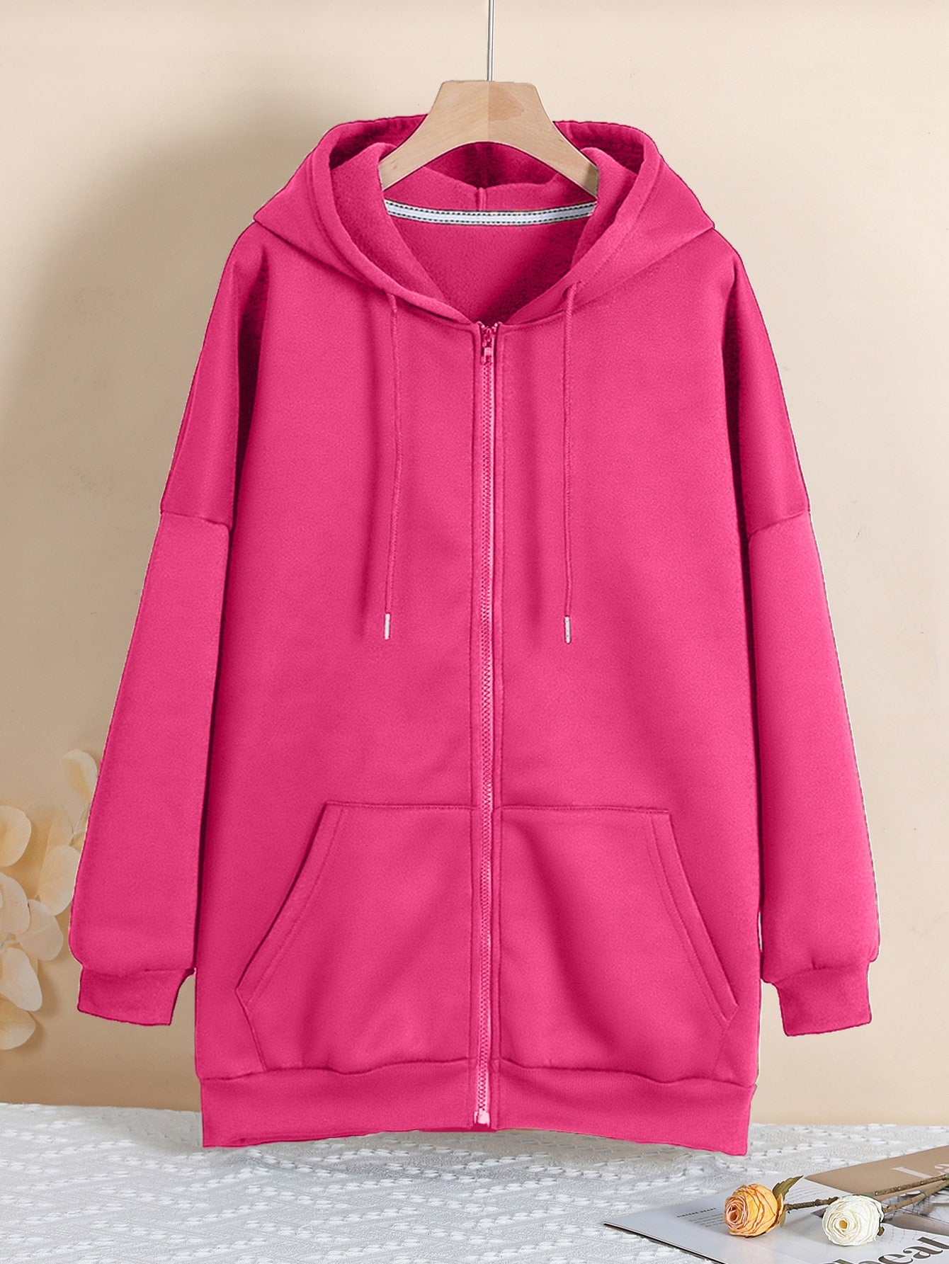 Plus Zip Up Drop Shoulder Drawstring Thermal Lined Longline Hoodie