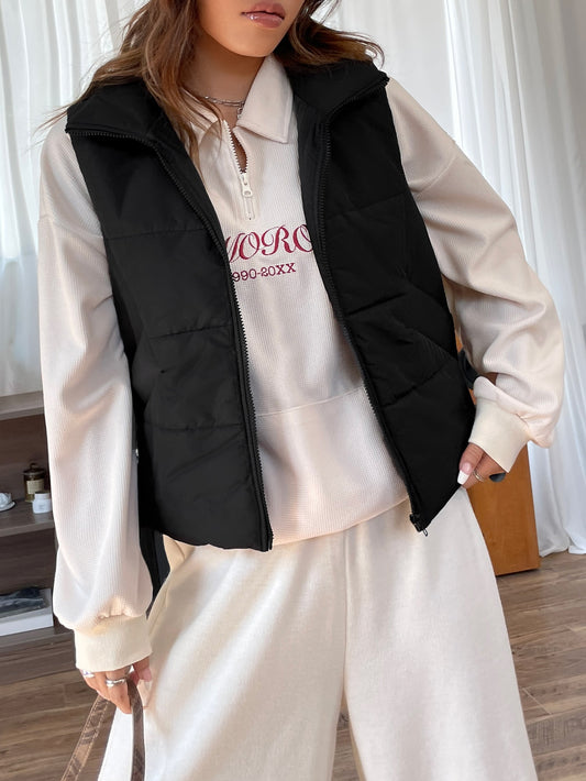 Spring Black Zip Up Puffer Vest Coat