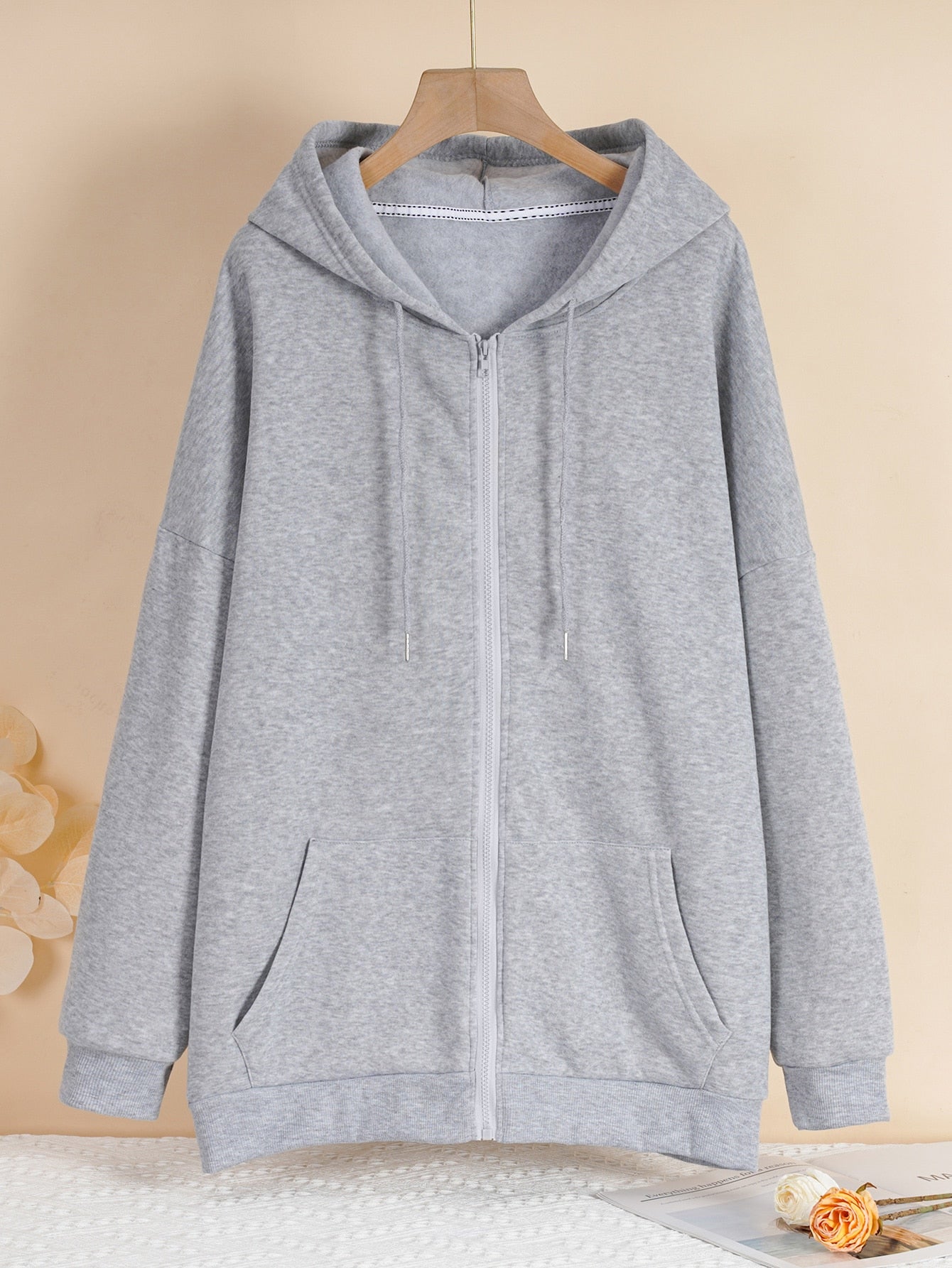 Plus Zip Up Drop Shoulder Drawstring Thermal Lined Longline Hoodie