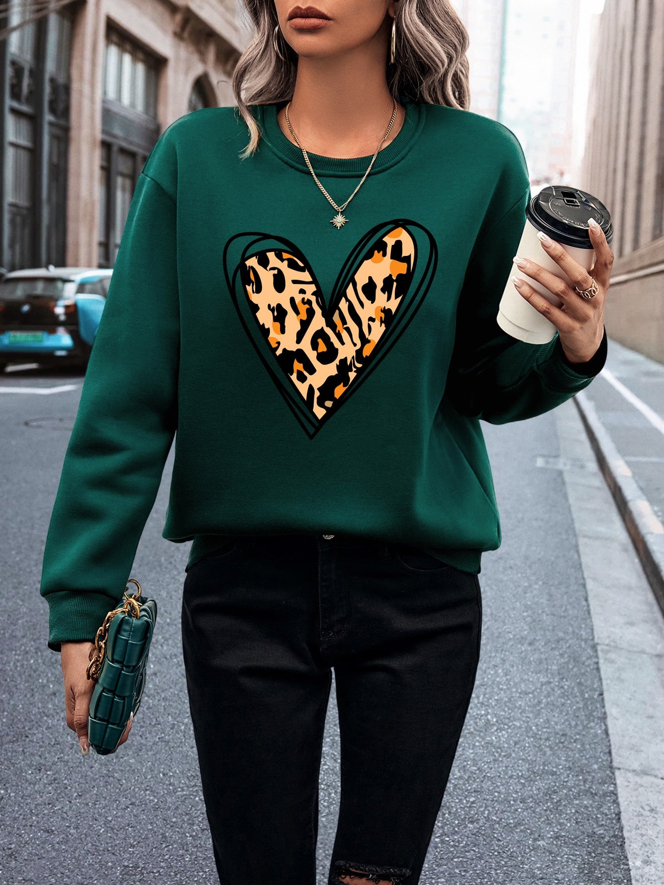 Heart And Leopard Print Thermal Lined Sweatshirt