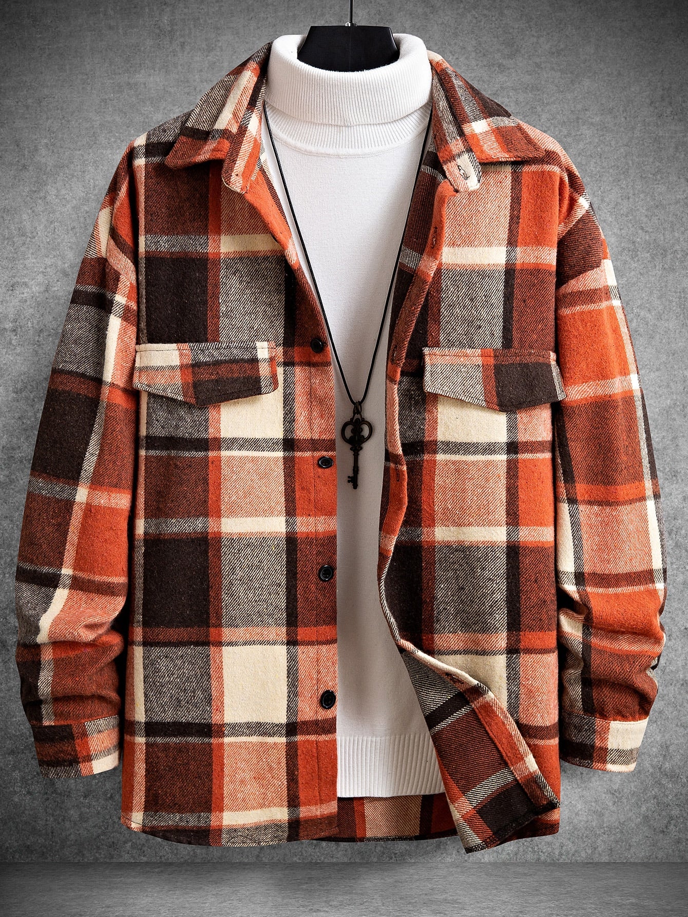 Loose Fit Men's Plaid Overcoat With Flap Detail And Drop Shoulder Design, Without Tee