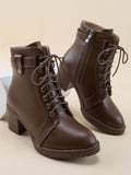 Round Toe Chunky High Heel Anti-Skid Platform, Side Zipper Criss-Cross Lace-Up, Classic Fashion  Boots For Women