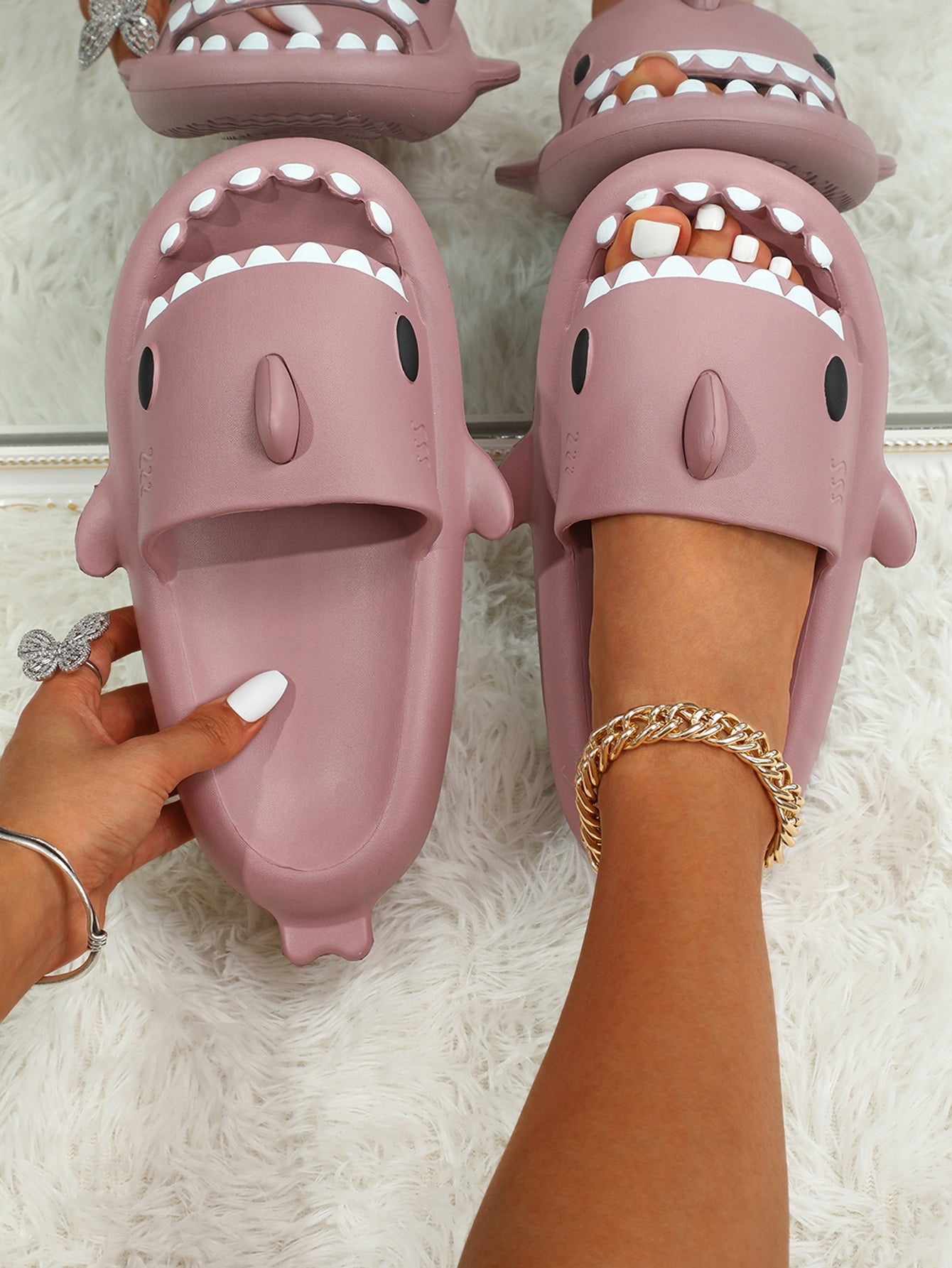 Shark Design Single Band Slides, Lavender Preppy Style Cartoon Slippers