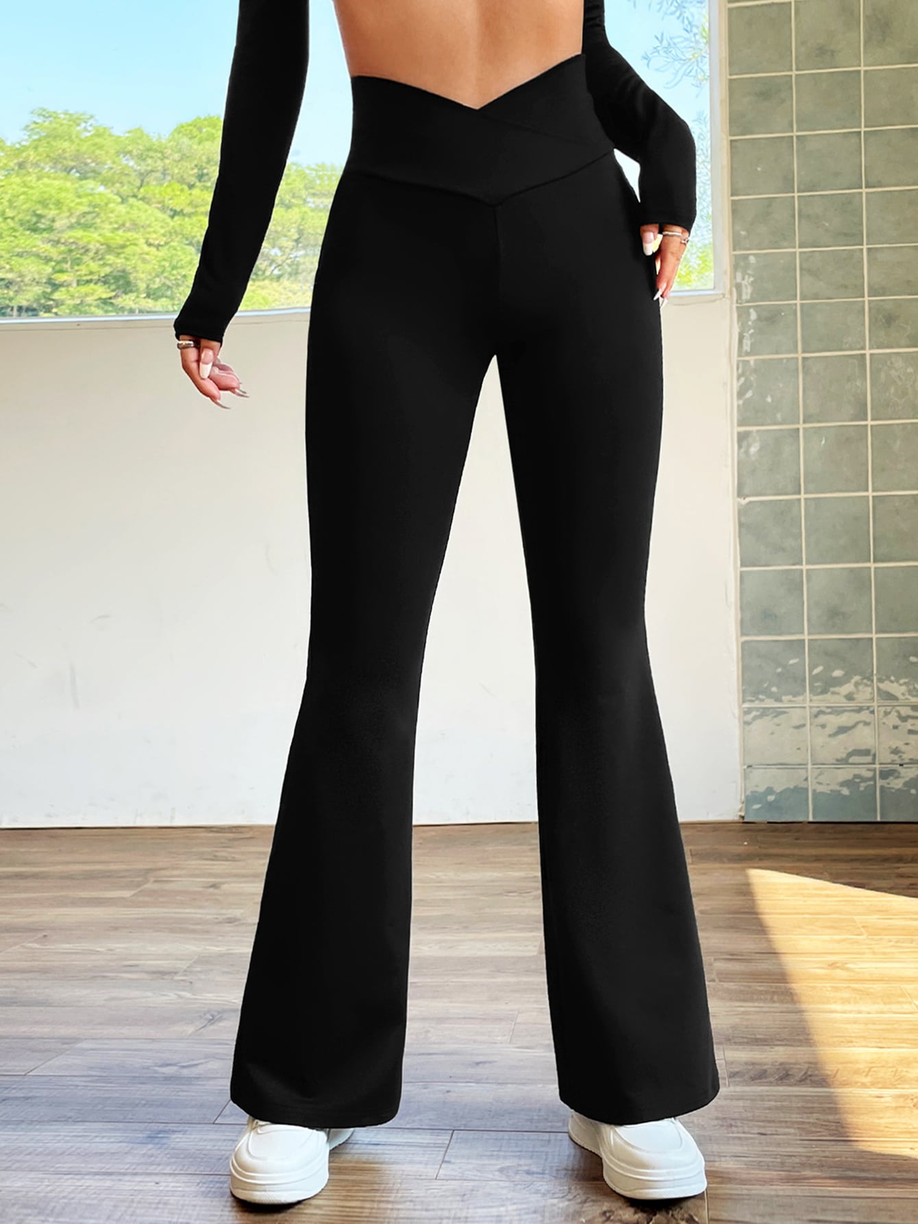 Overlap Waist Flare Leg Pants