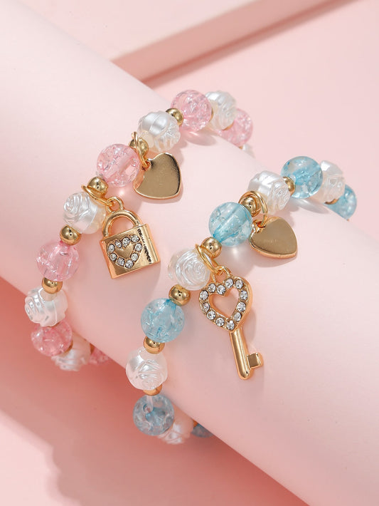 2pcs Girls Key & Lock Charm Beaded Bracelet