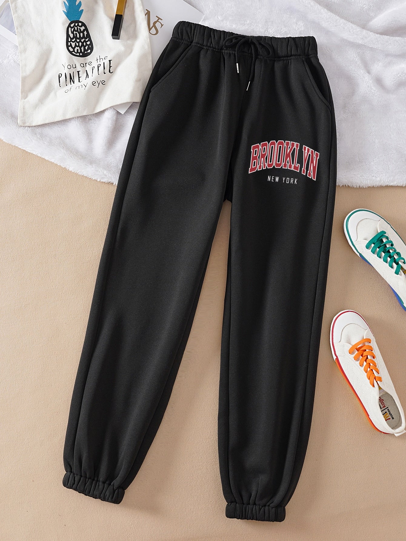 Qutie Letter Graphic Drawstring Waist Sweatpants