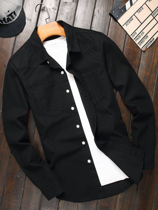 Men Cotton Dual Pocket Long Sleeve Button Up Plain Black Work Denim Shirt Without Tee,