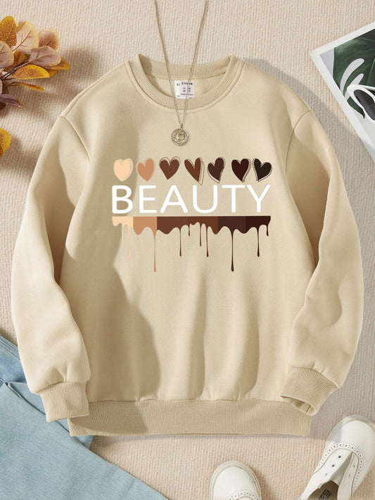 Tween Girl 1pc Letter & Heart Print Thermal Lined Pullover