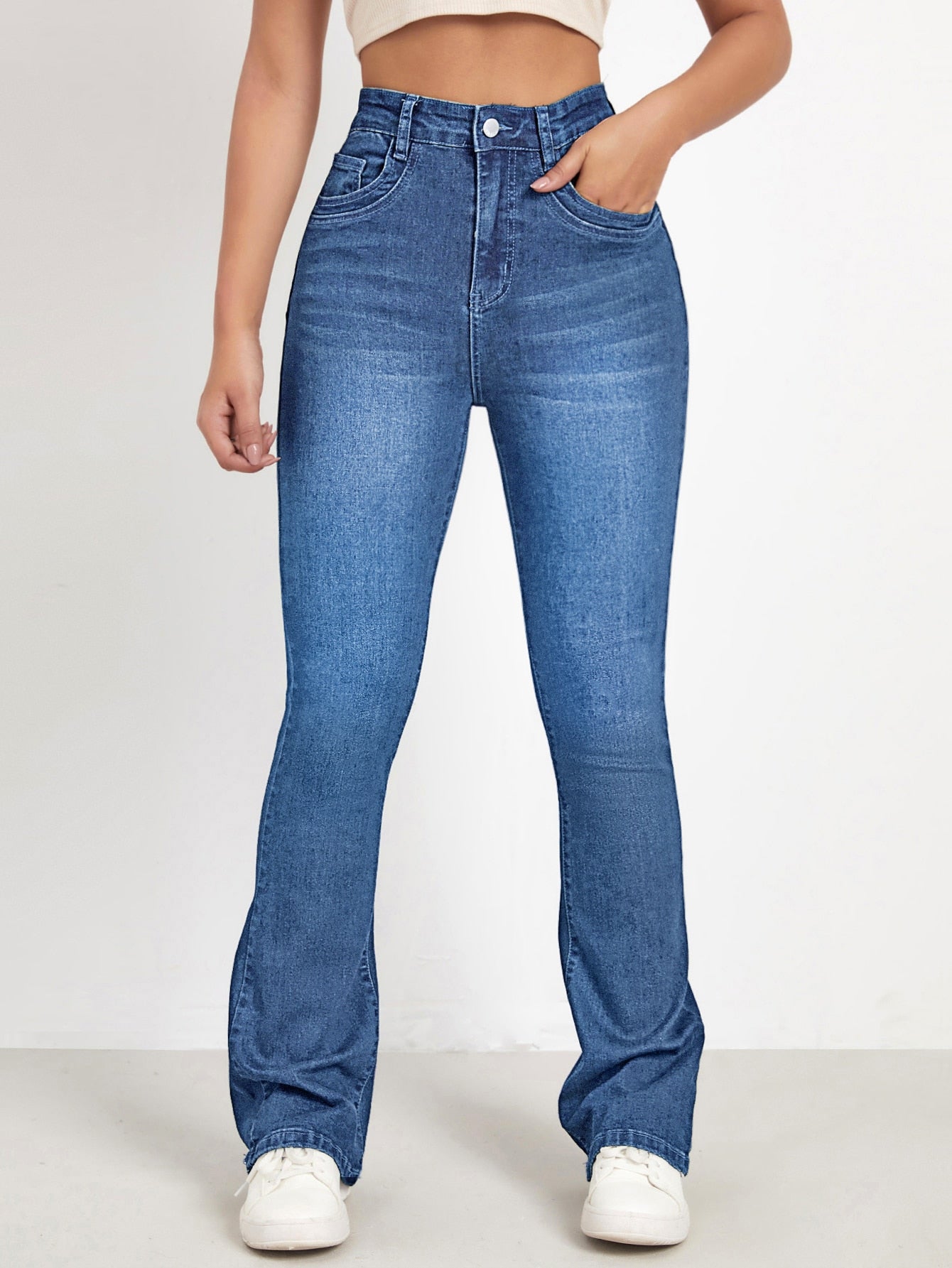 Washed Denim Blue High Waist Bleach Wash Flare Leg Jeans