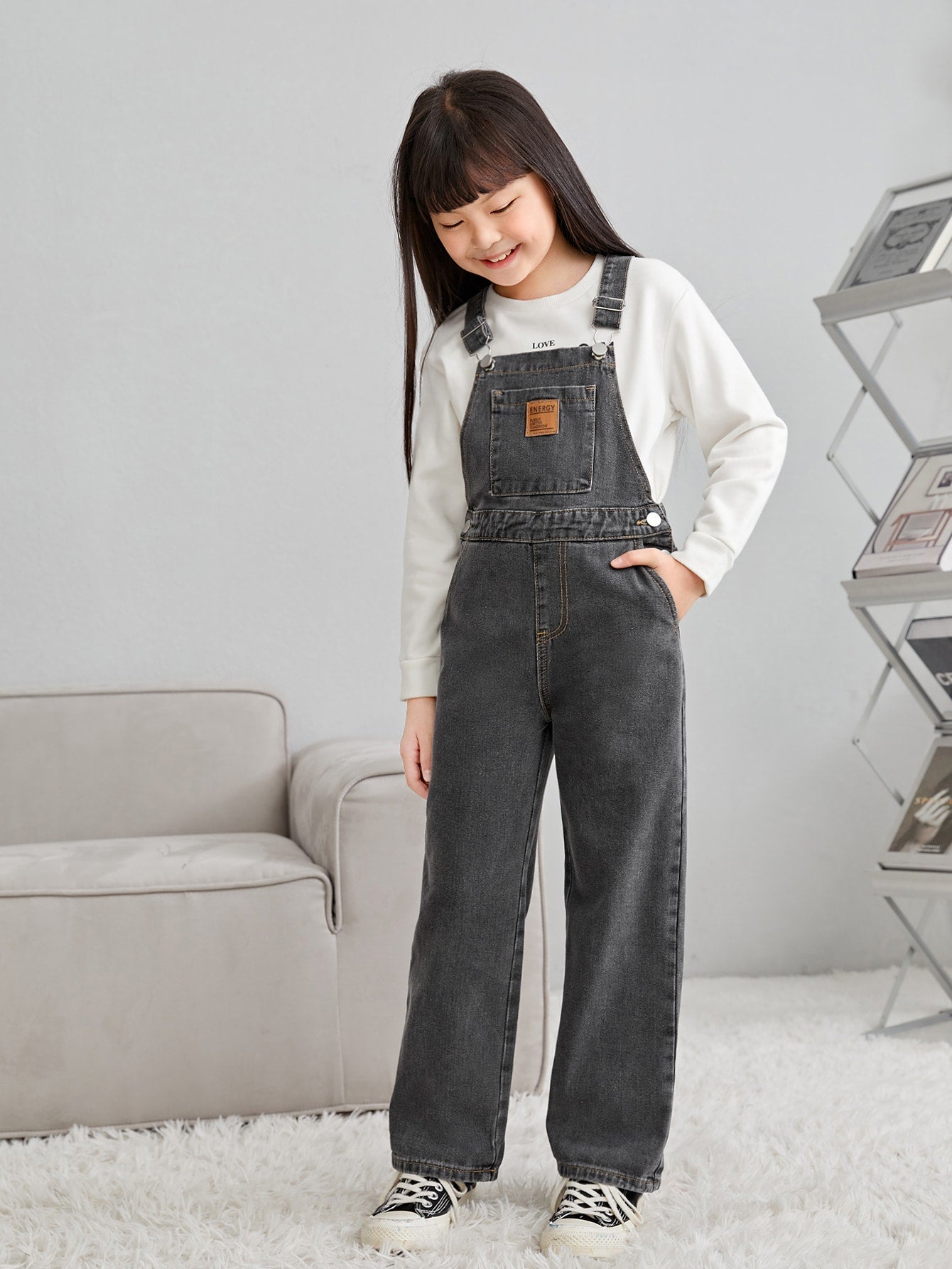 Tween Girl Patched Detail Denim Overalls