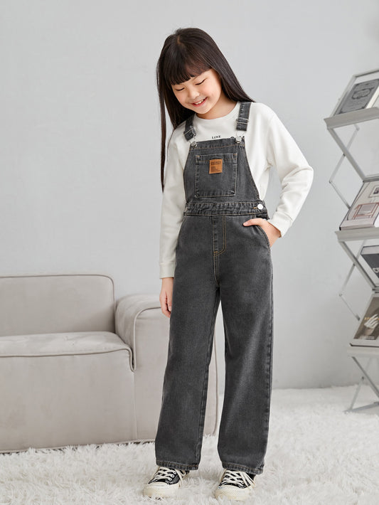 Tween Girl Salt-Wash Overalls, Straight & Loose Wide Leg Jumpsuit With Niche Design