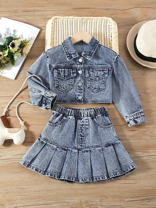 Young Girl Flap Pocket Denim Jacket & Ruffle Hem Skirt