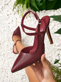 Embossed Detail Point Toe Stiletto Heeled Slingback Pumps, Fashionable Solid Color Women's High Heeled Shoes In Burgundy With Back Strap