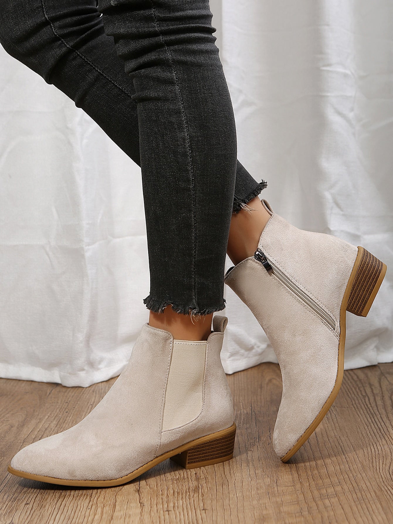 Elegant Beige Monochrome Chelsea Boots With Side Zipper And Faux Suede Texture, High Heel