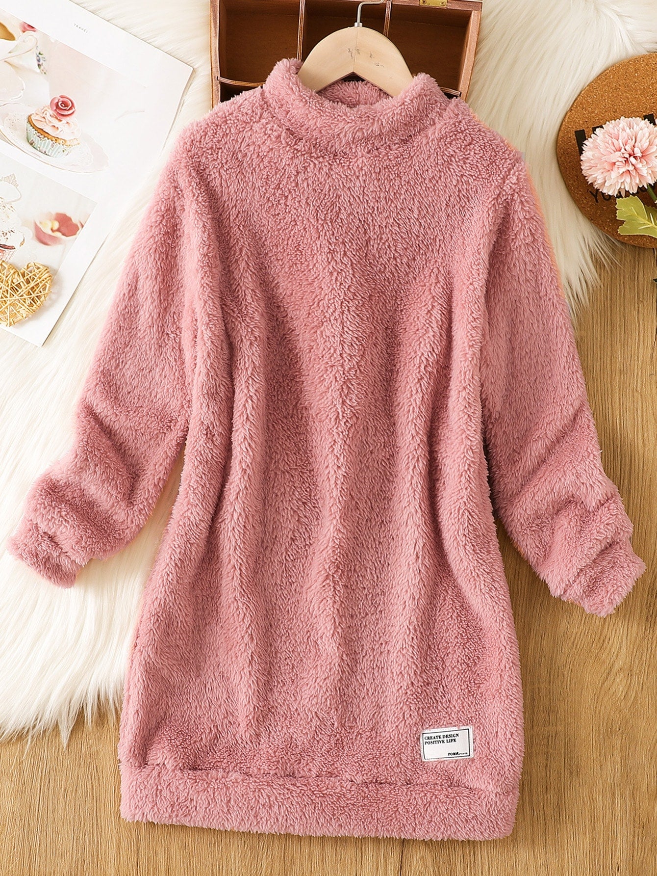 Tween Girl Letter Patched Teddy Sweatshirt Dress