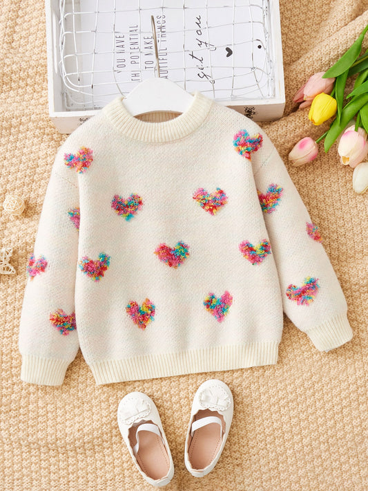 Young Girl Heart Pattern Drop Shoulder Sweater