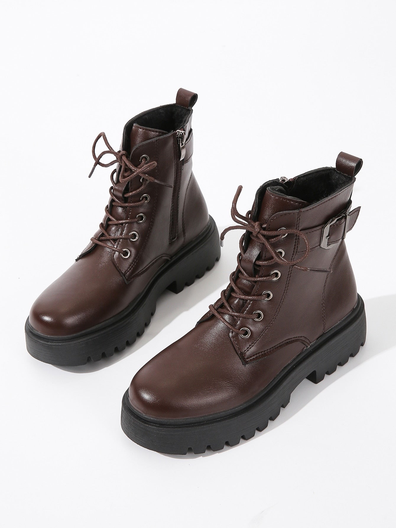 Women Buckle Design Lace-Up Front Minimalist Side Zipper Combat Boots