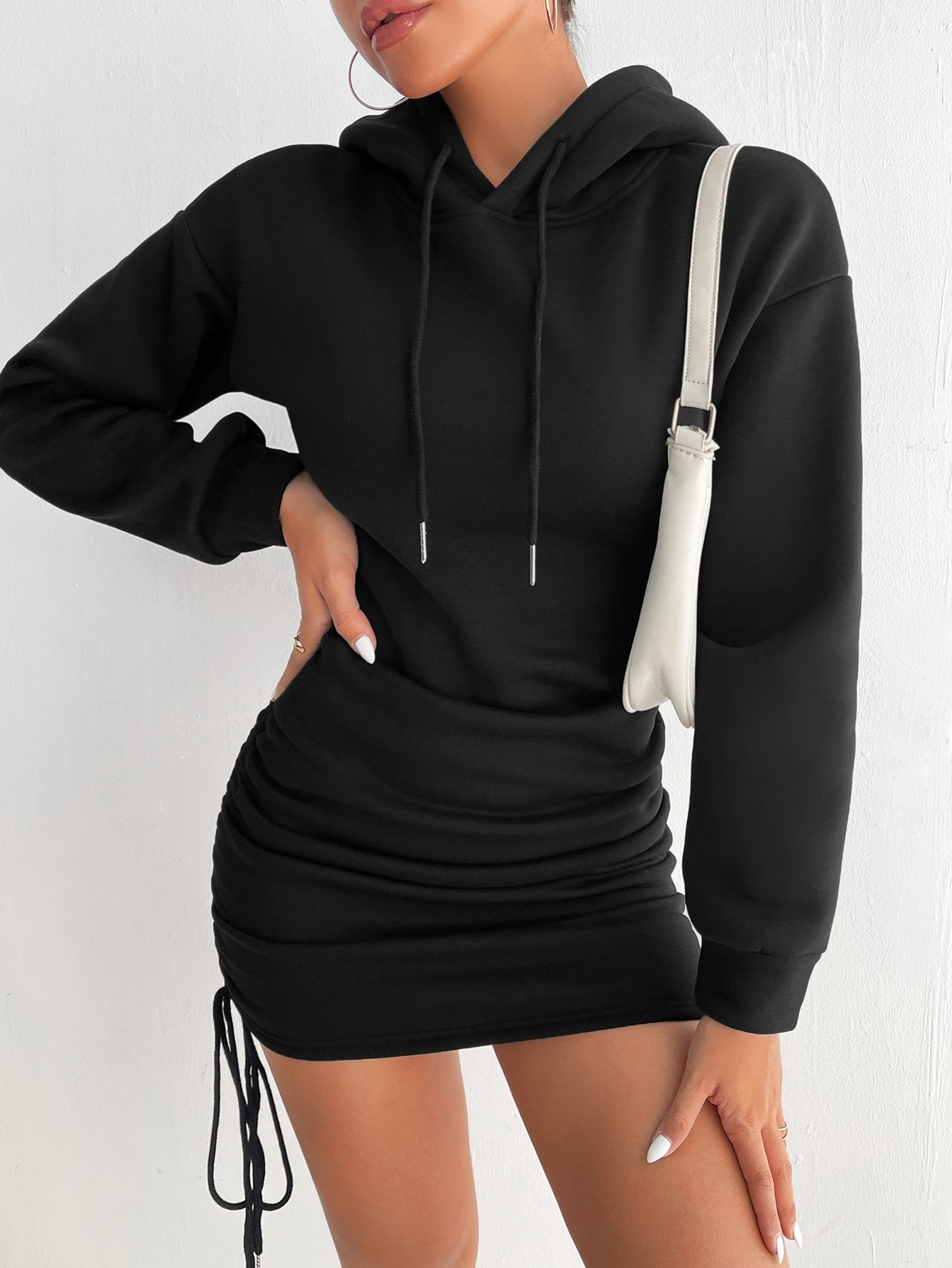 Drop Shoulder Drawstring Side Hoodie Dress