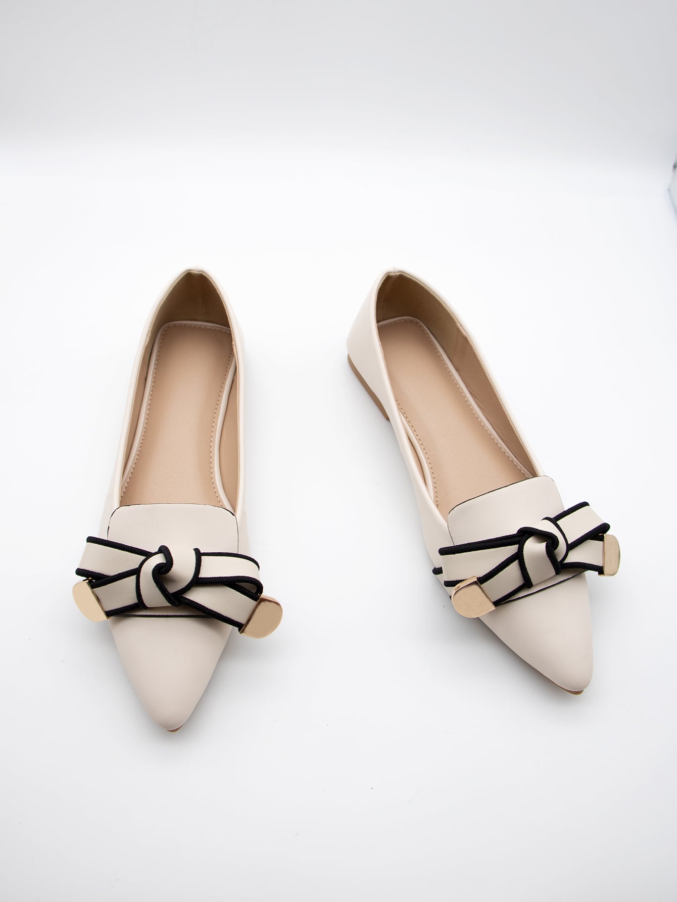 Women Beige Bow Decor Flats, Elegant Point Toe Loafer Flats