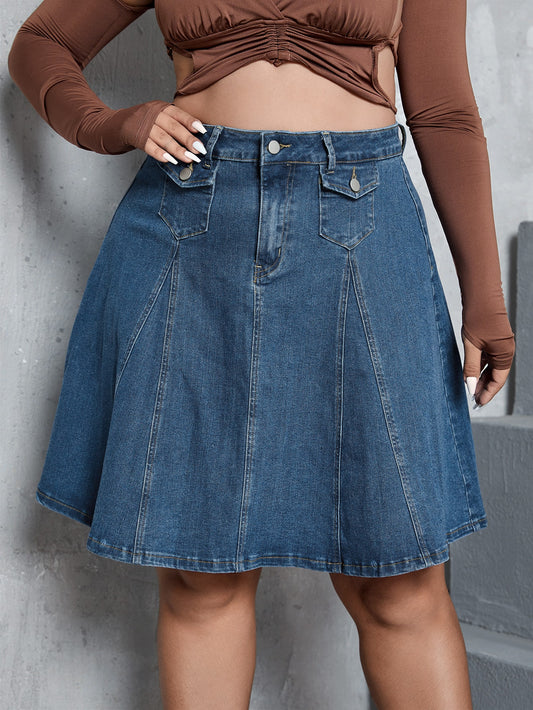 Plus High Waist Flap Detail Denim Skirt