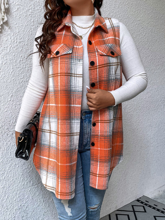 Plus Plaid Print Flap Detail Vest Coat