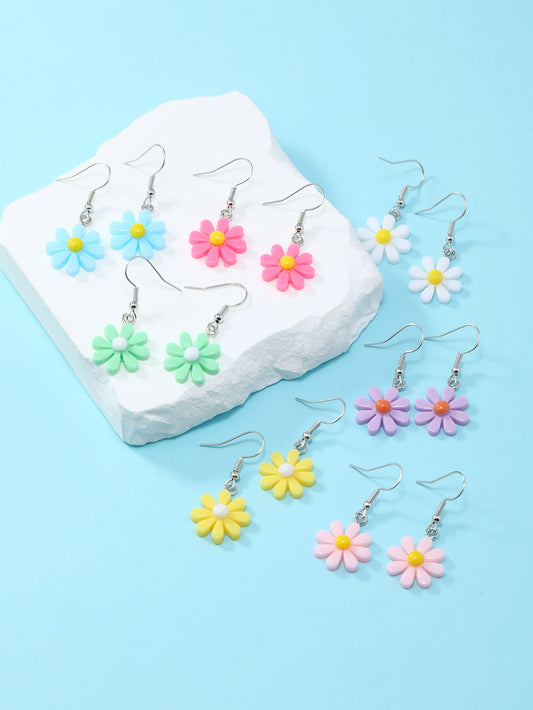 7pairs Girls Daisy Decor Drop Earrings