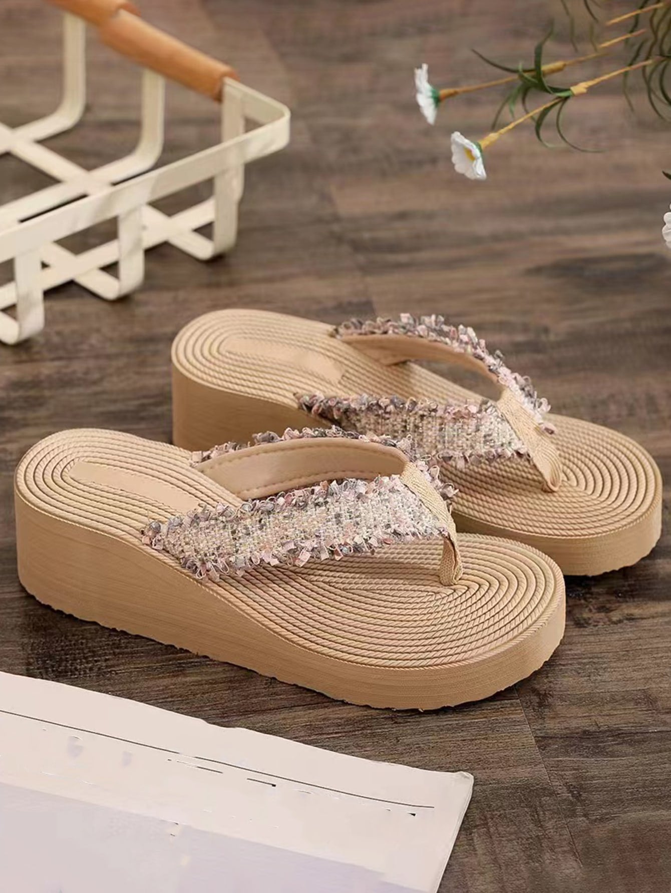 Women Colorblock Rhinestone Decor Flip Flops, Toe Post Slippers For Vacation