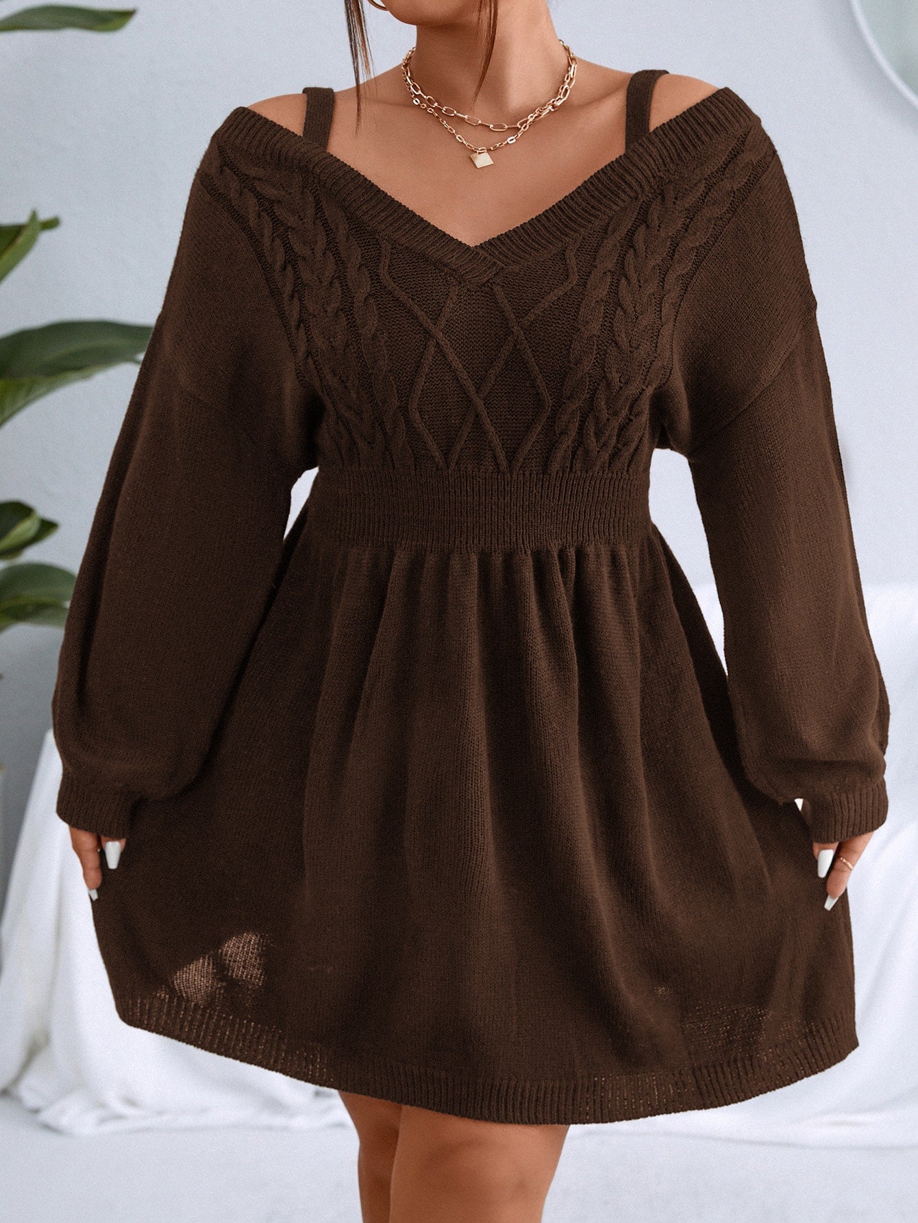 Plus Cable Knit Cold Shoulder Sweater Dress