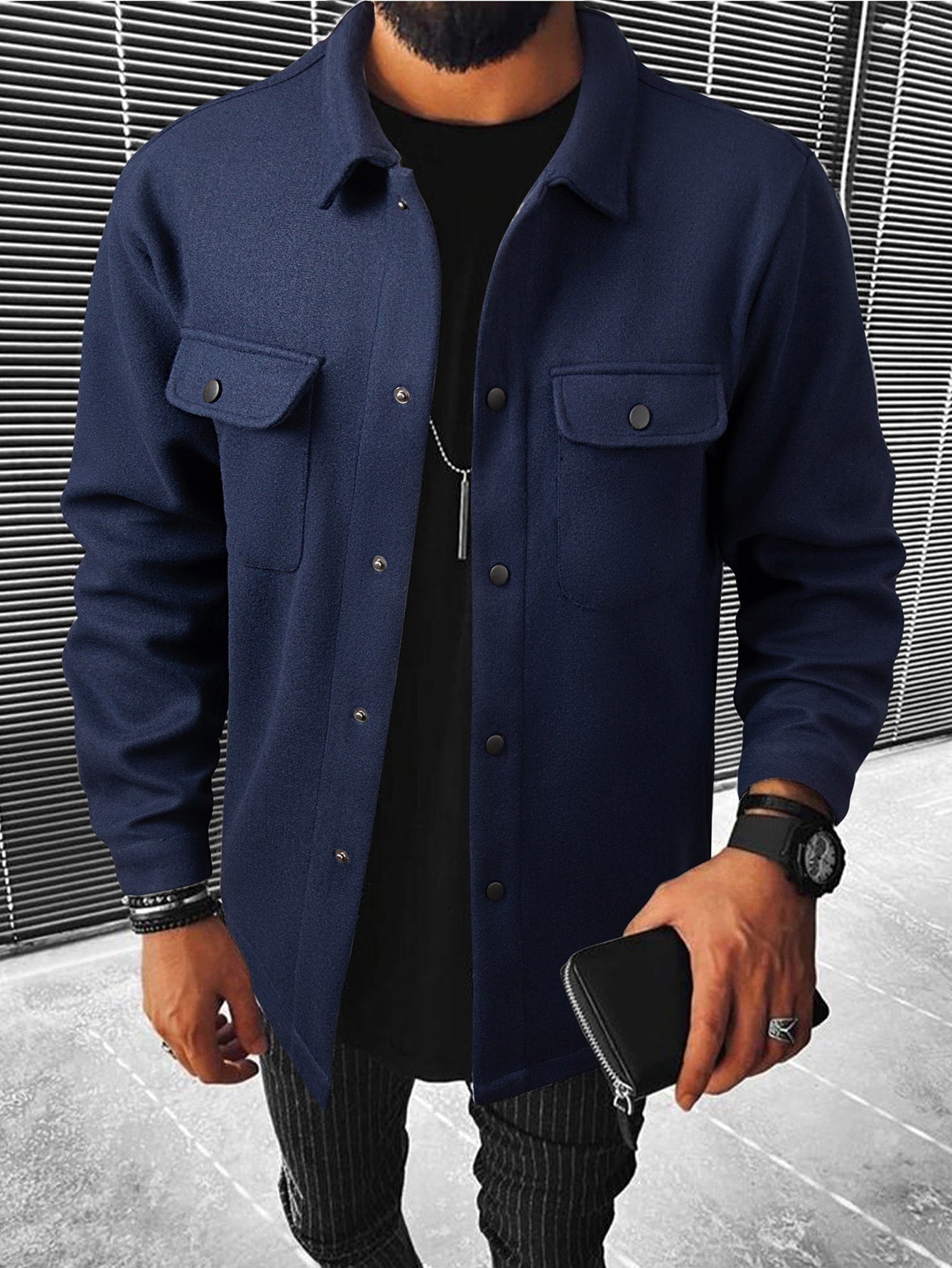 Men Button Front Flap Pocket Overcoat