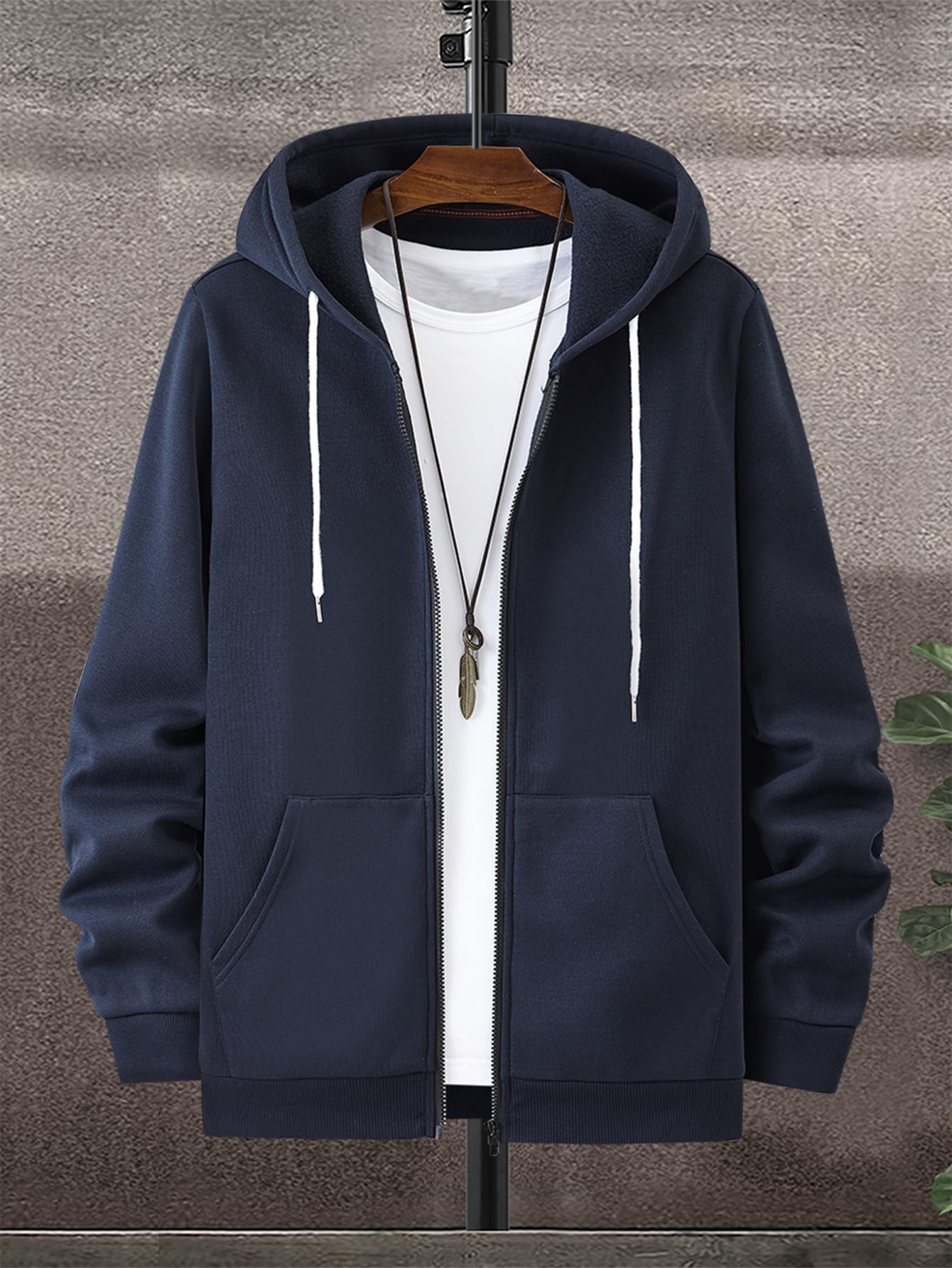 Men Zip Up Drawstring Thermal Lined Hoodie Without Tee