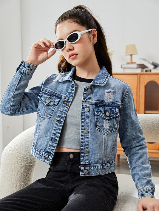 Teen Girls Ripped Flap Pocket Denim Jacket