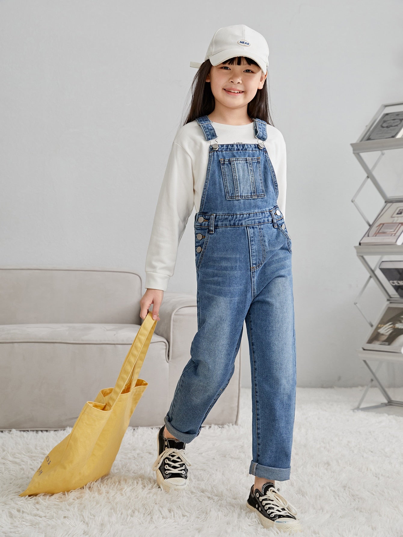 Tween Girl Plain Washed Denim Jumpsuit With Pockets & Thick Suspender Straps