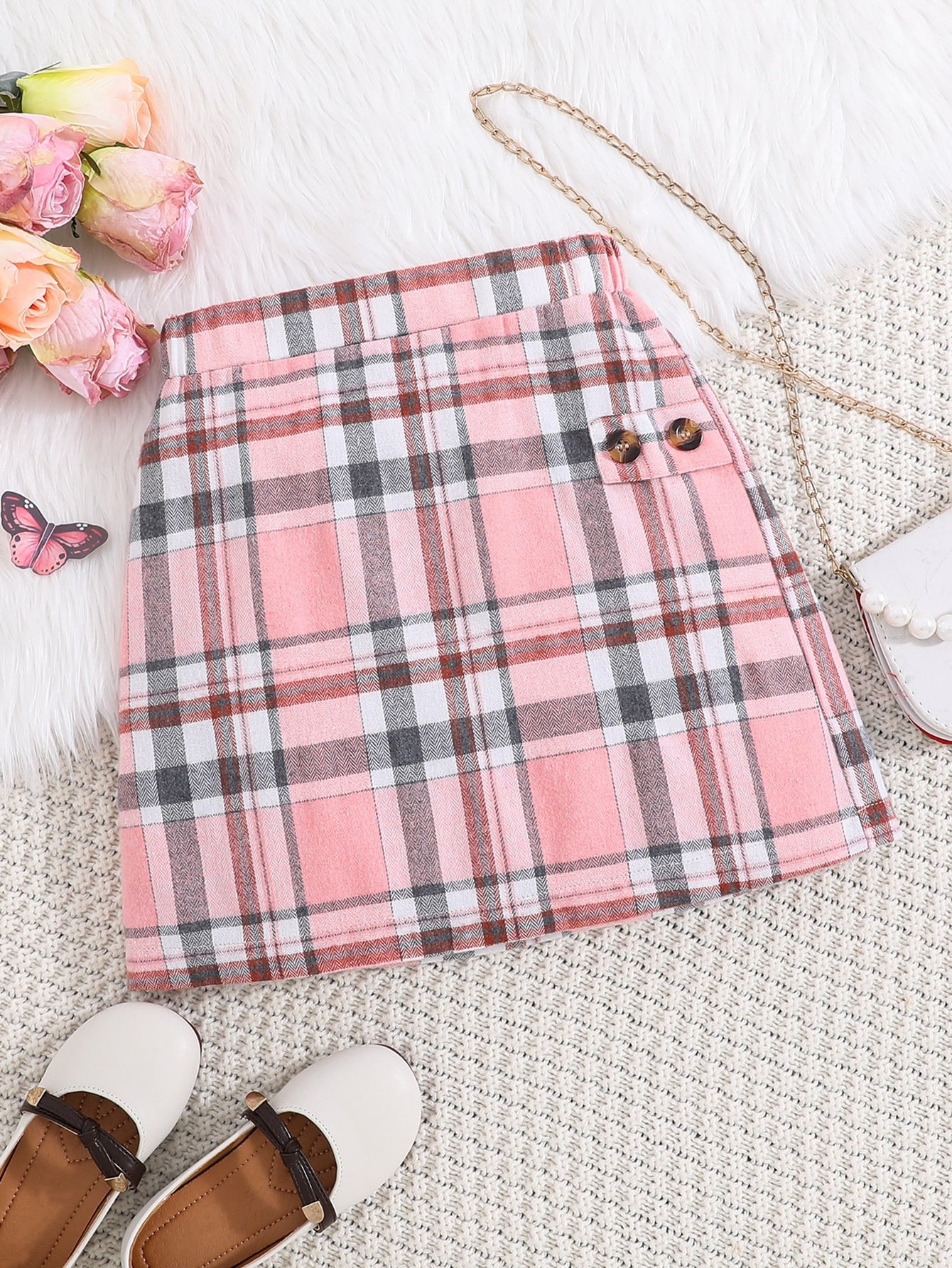 Tween Girl Plaid Button Detail Skirt